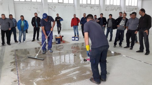 PENETRON experts show clients and students how to correctly apply PENESEAL FH floor sealer at the PENETRON Hellas Training Center in Athens, Greece.
